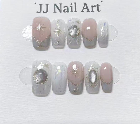 Vintage Stars Hand Painted Press On Nails: Custom Shape Reusable Nail Set