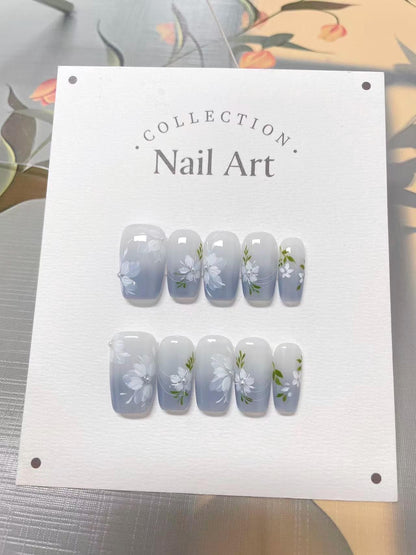 Hand Painted Ombre Blue Press On Nails: Reusable Artist Faux Nails