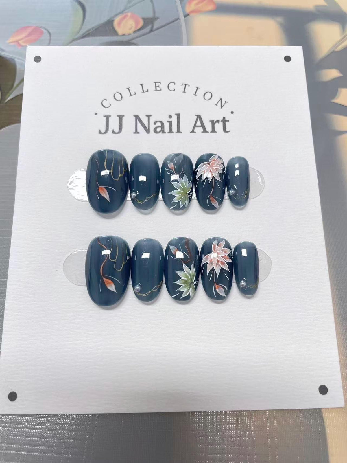 Water Lilies Hand Painted Press On Nails: Custom Shape Reusable Nail Set