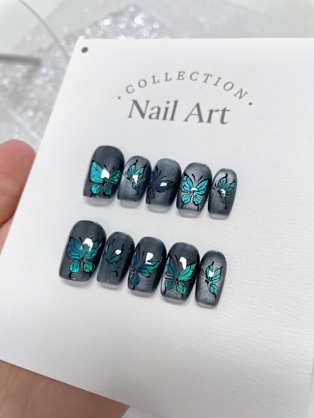 Butterfly Cat Eye Press On Nails: Hand Painted Reusable Faux Nails