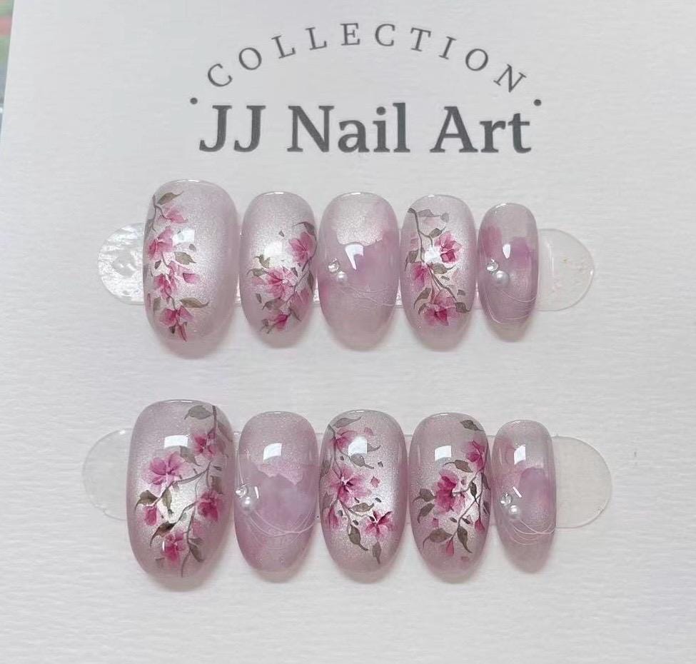Handmade Pink Flowers Cat Eye Petals  Press On Nails: Floral French Reusable Set