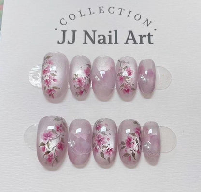 Handmade Pink Flowers Cat Eye Petals  Press On Nails: Floral French Reusable Set