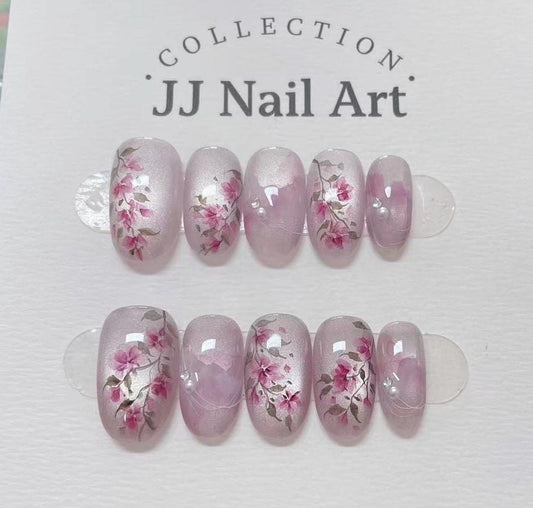 Handmade Pink Flowers Cat Eye Petals  Press On Nails: Floral French Reusable Set