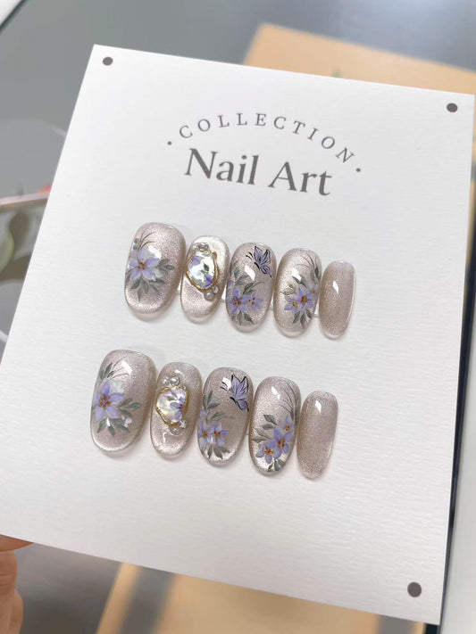 Lavender Floral Press On Nails: Hand Painted Reusable Faux Nails