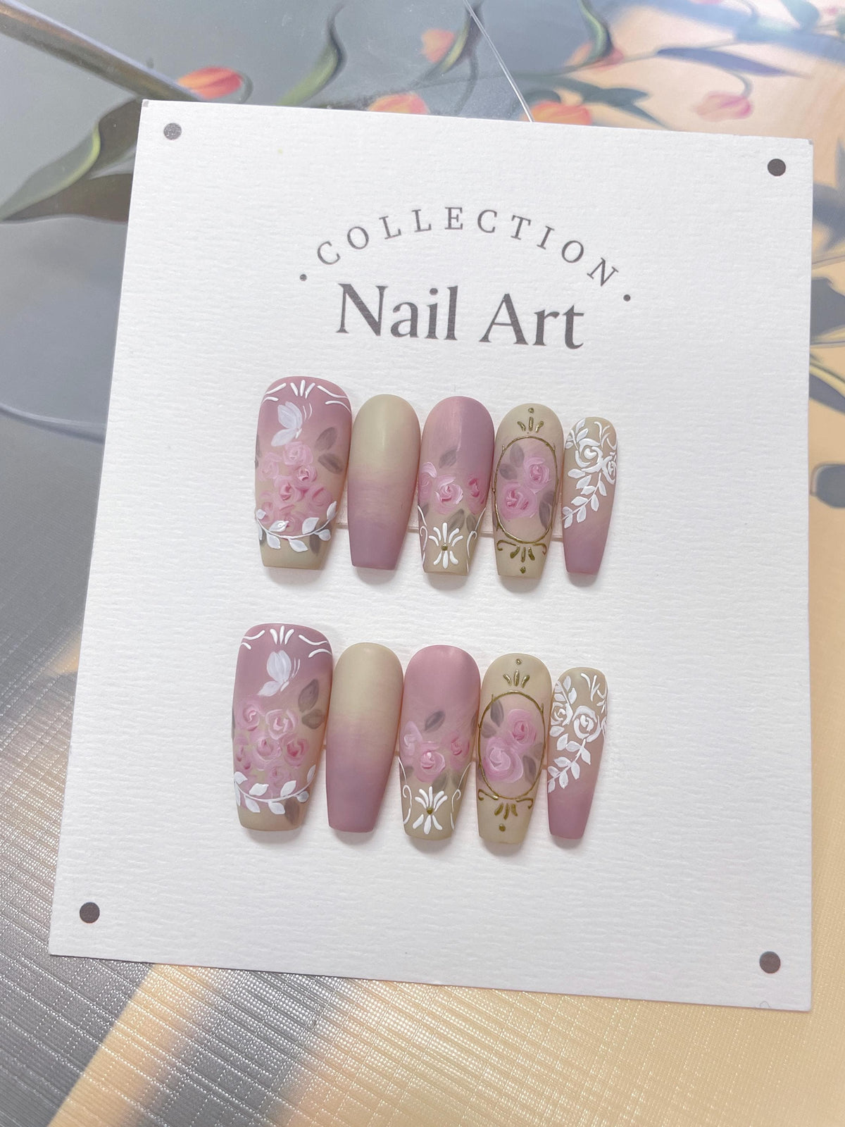 Pink Roses Press On Nails: Hand Painted Reusable Faux Nails