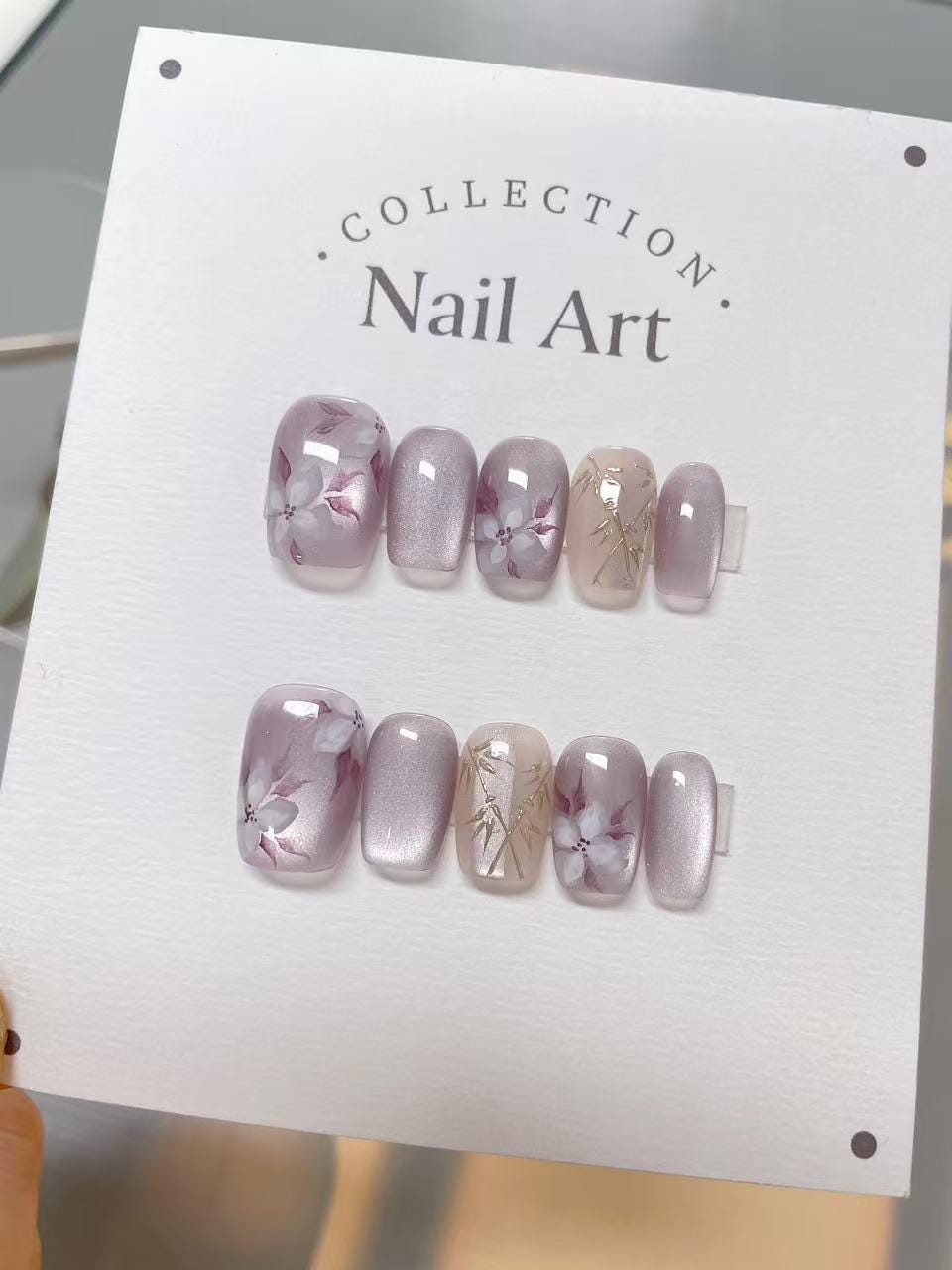 Hand Painted Press On Nails: Blooming Flowers, Bamboo Design