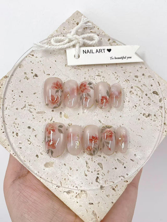Hand Painted Red Flowers Press On Nails, Cat Eye Reusable Custom Nail Shape
