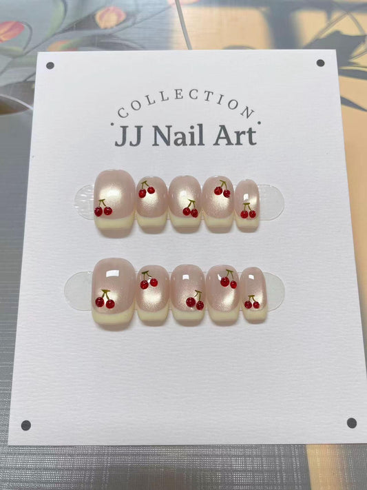 Cherry French Cat Eye Hand Painted Press On Nails: Custom Shape Reusable Nail Set