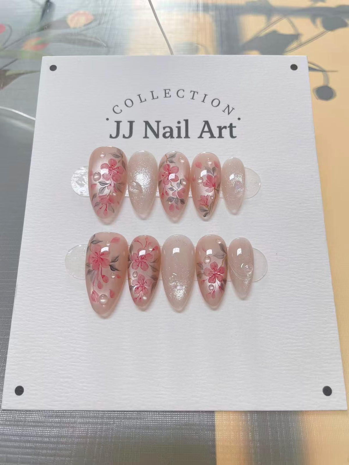 Handmade Pink Flowers Press On Nails: Reusable Set