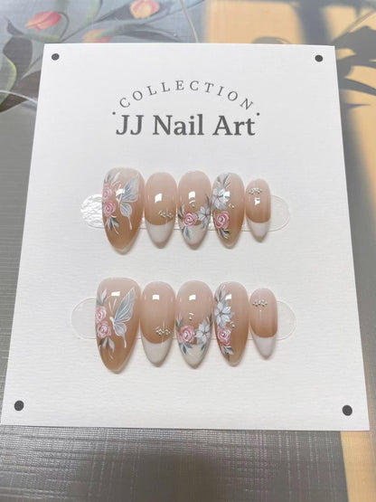French Tip Flowers Butterfly Press On Nails: Hand Painted Reusable Fake Nails