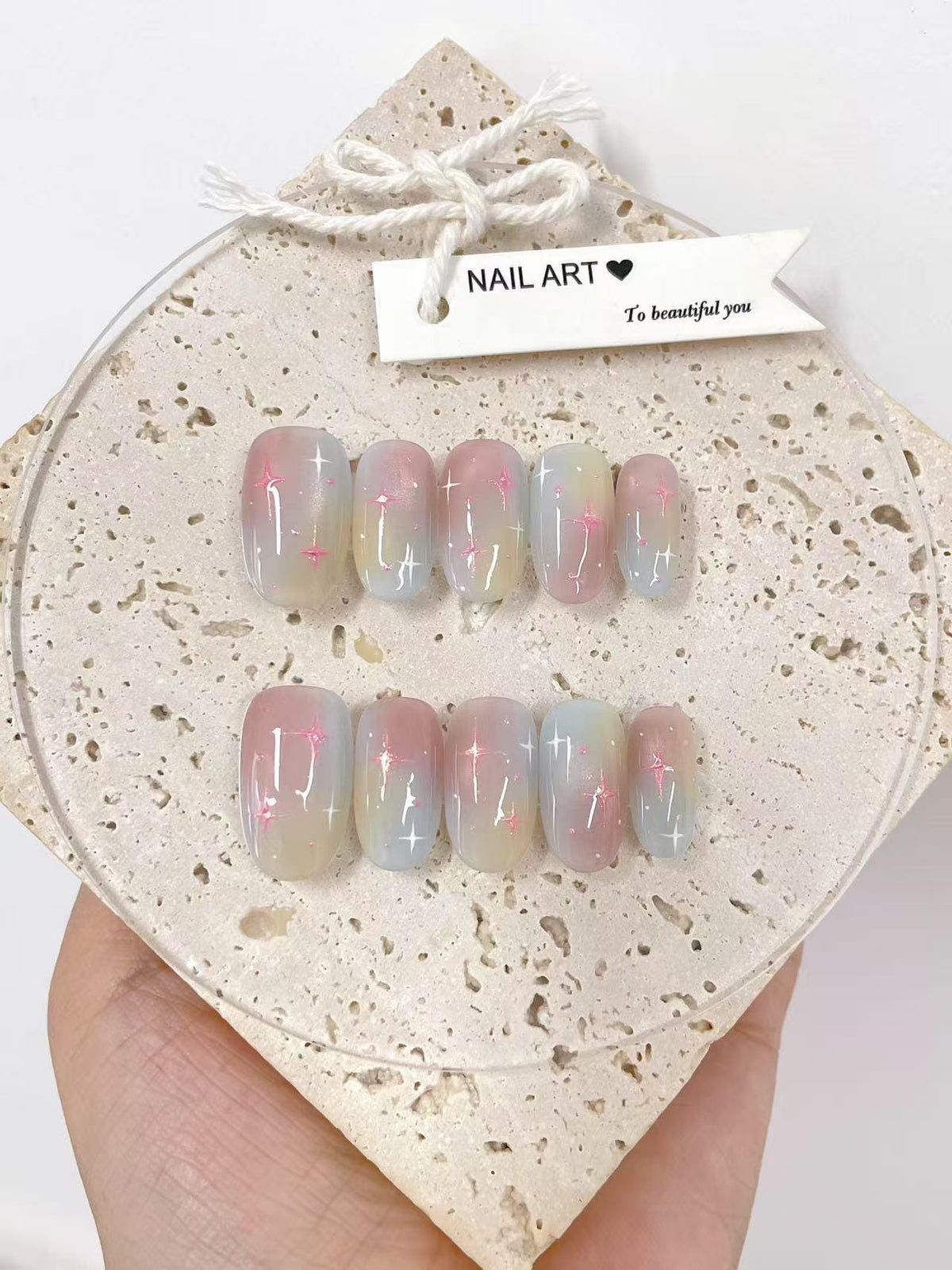 Hand Painted Dopamine Rainbow Press On Nails: Reusable Artist Faux Nails
