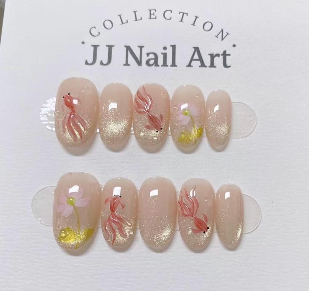 Water Lilies and Fish Press On Nails: Custom Shape Reusable Set