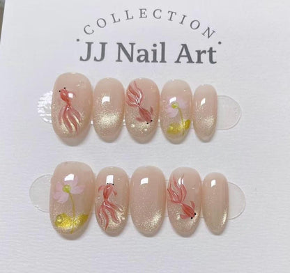 Water Lilies and Fish Press On Nails: Custom Shape Reusable Set