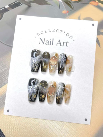 Hand Painted Phoenix Press On Nails: Artist Gel Fake Nails
