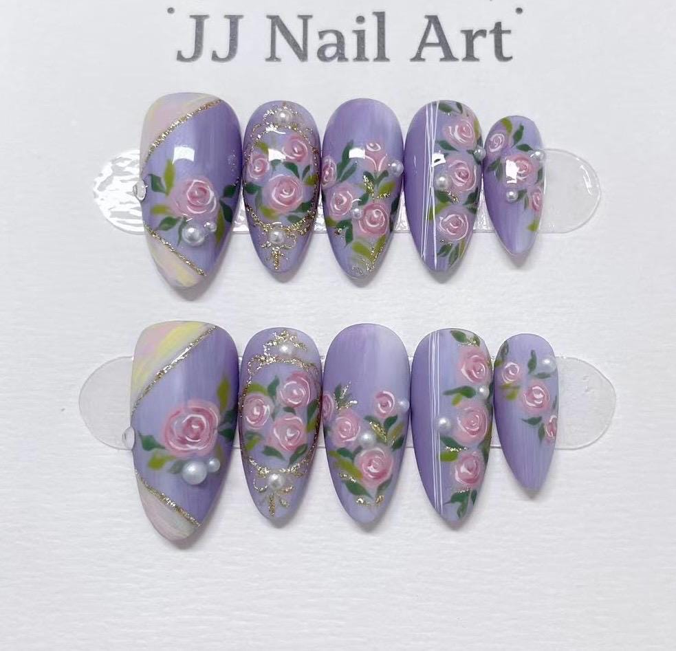 Purple Lover Roses Hand Painted Press On Nails: Custom Shape Reusable Nail Set