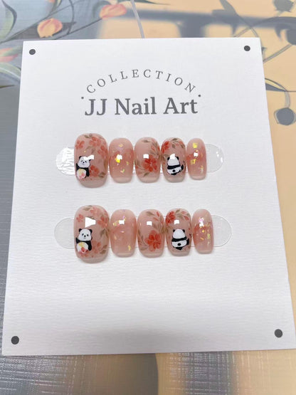 Hand Painted Panda with Flowers Press On Nails: Custom Shape Reusable Nail Set