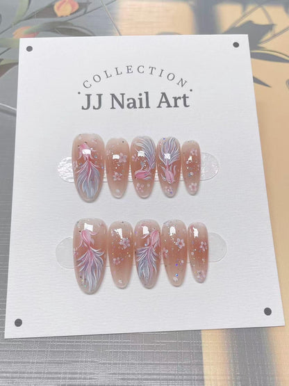 Hand-Painted Fish Cat Eye Press On Nails: Reusable Fake Nails