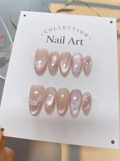 Hand Painted Swan Press On Nails, Petal Rings, Reusable Faux Nails