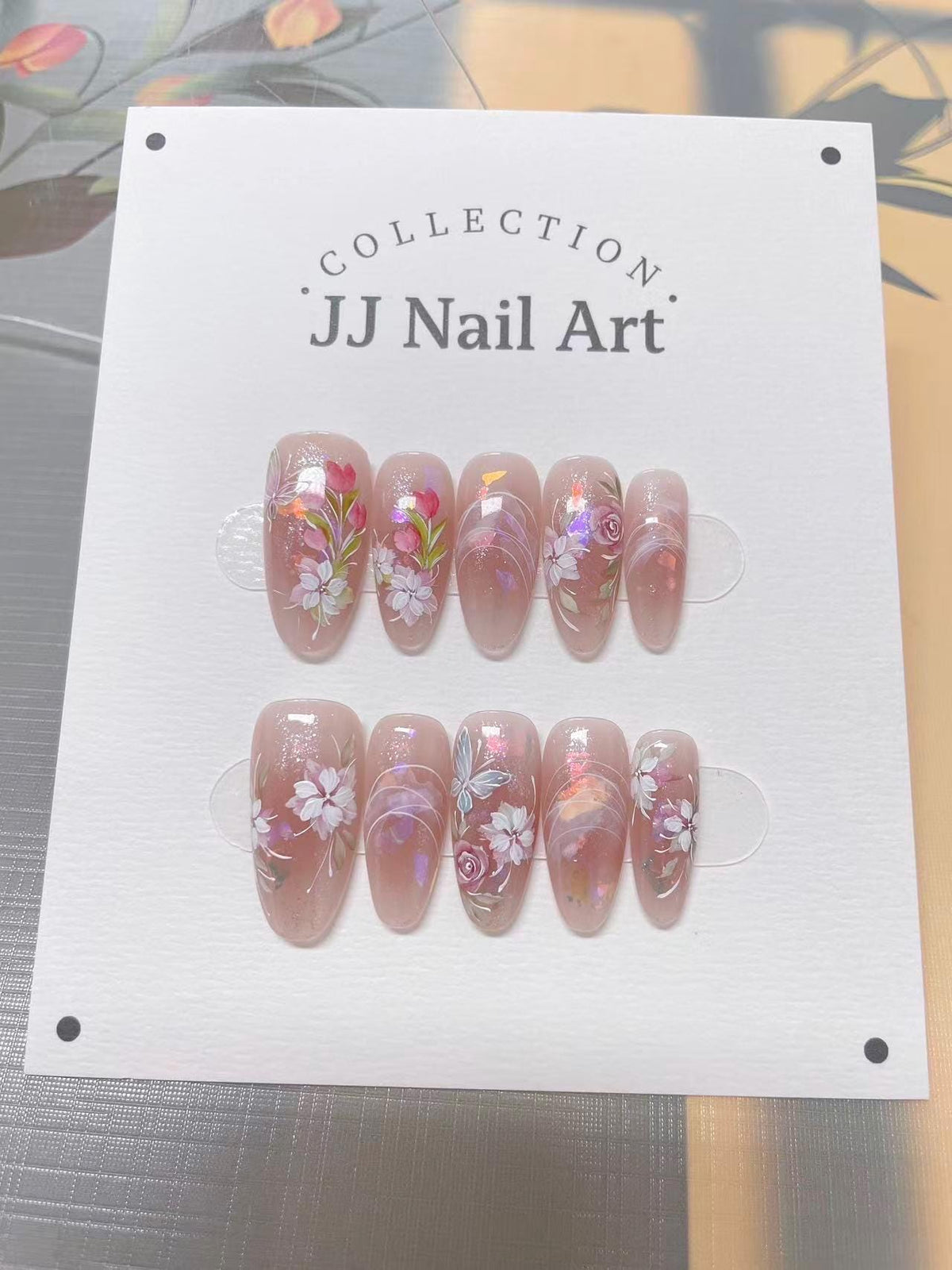 Hand Painted Flower Press On Nails: Reusable Artist Faux Nails