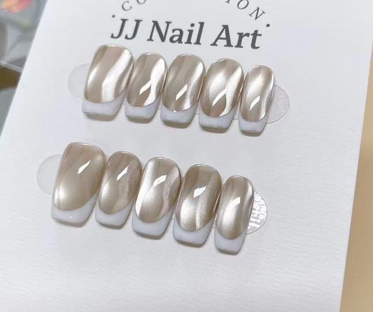 Handmade Cat Eye Press On Nails: White French Tip Reusable Nail Set