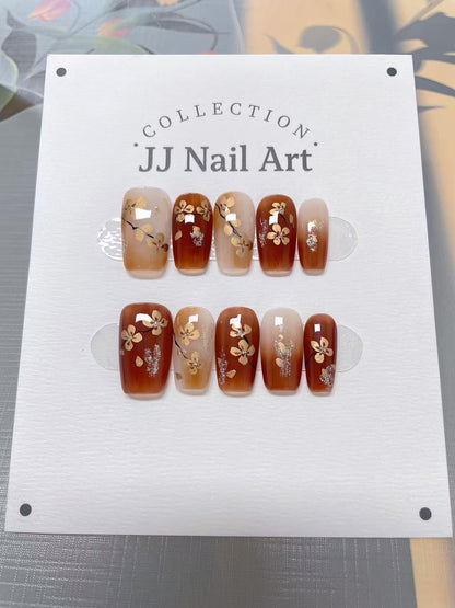 Gold Cherry Blossom Hand Painted Press On Nails: Custom Shape Reusable Nail Set