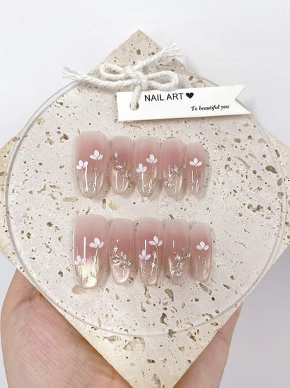 Hand Painted Flowers Cat Eye Press On Nails: Reusable Artist Fake Nails