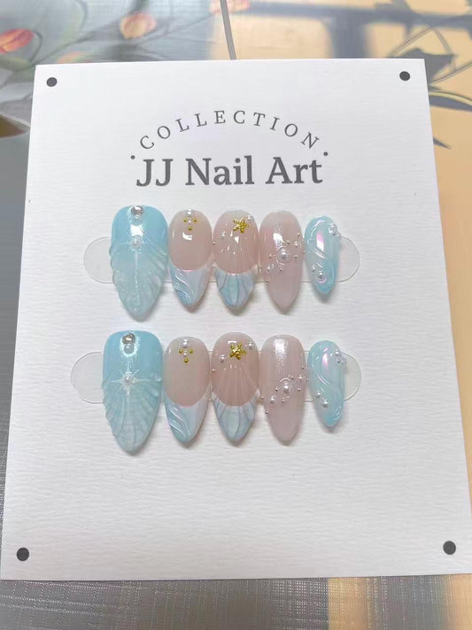 Ocean Star Hand Painted Press On Nails: Custom Shape Reusable Nail Set