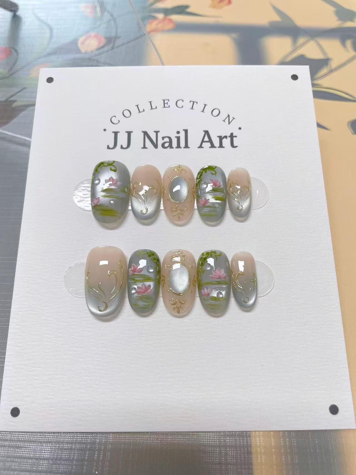 Handmade Water Lilies Ombre Press On Nails: Reusable Set