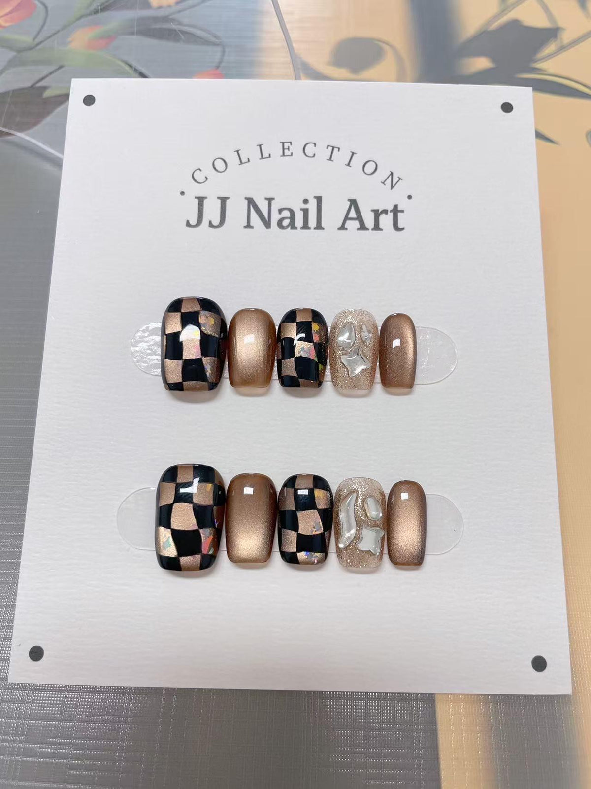 Checker Board Cat Eye Press On Nails: Hand Painted Reusable Fake Nails