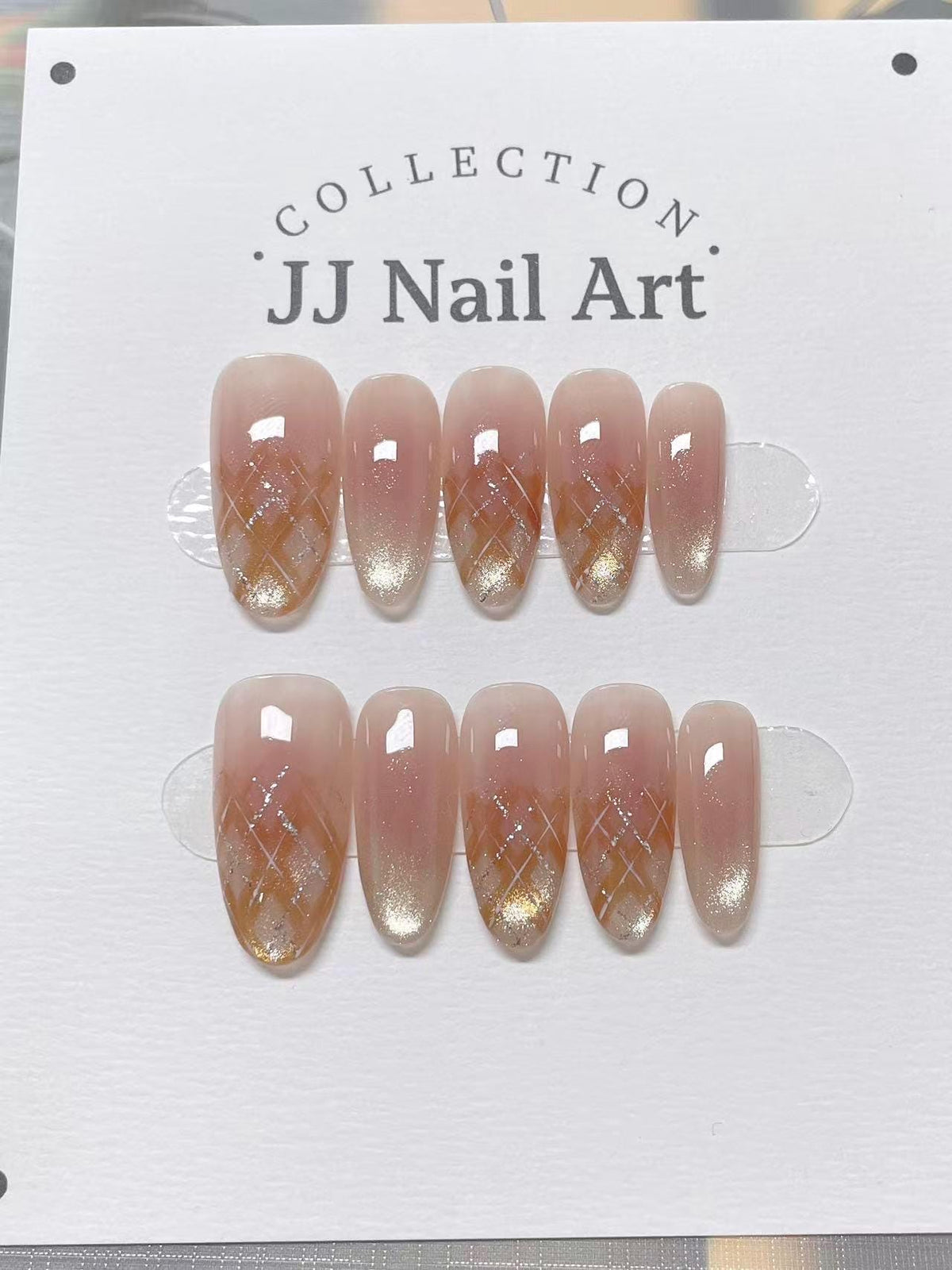 Custom Shape Plaid Cat Eye Press On Nails: Hand Painted Reusable Fake Nails