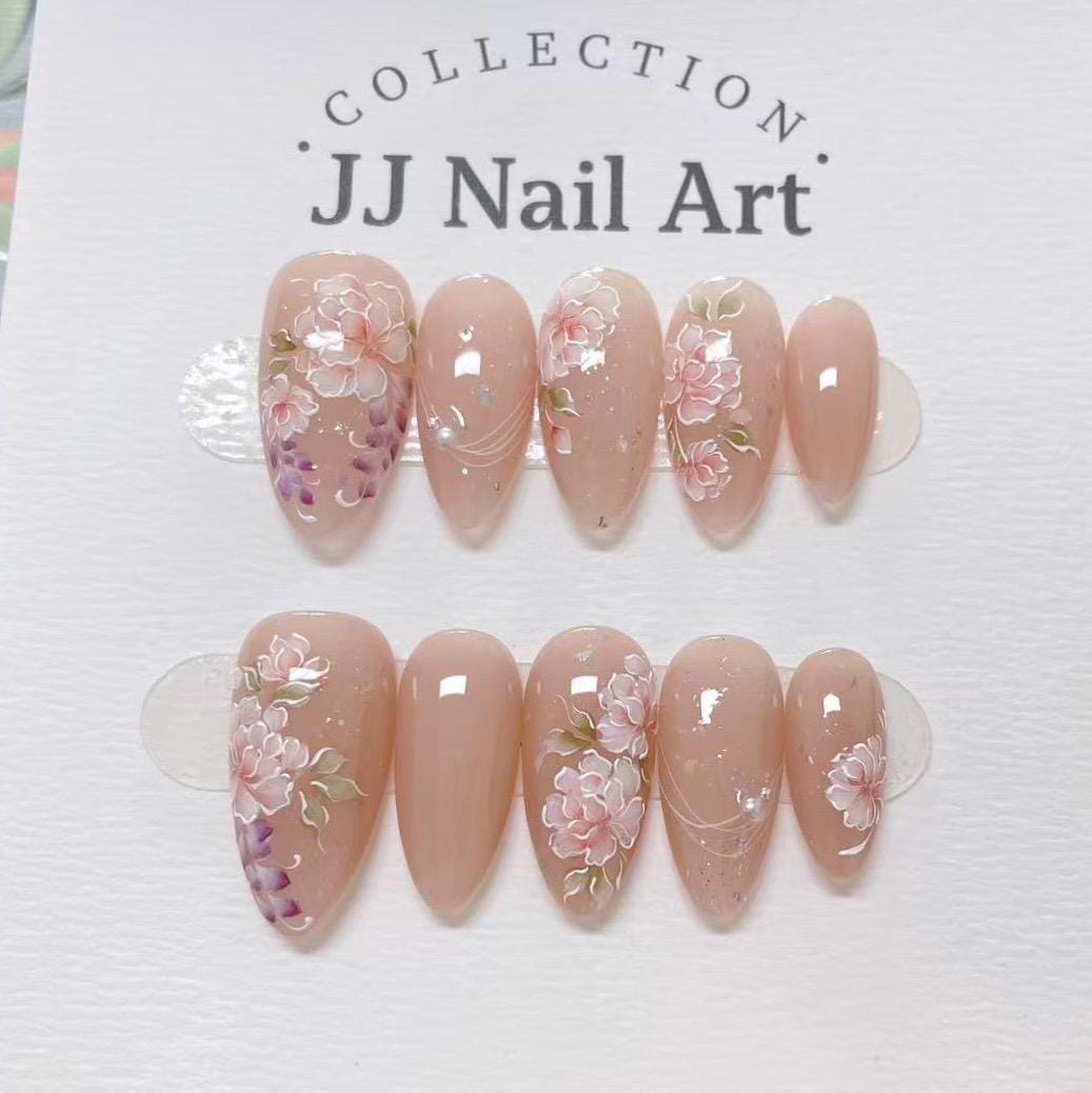 Handmade Blooming Flowers Press On Nails: Reusable Set