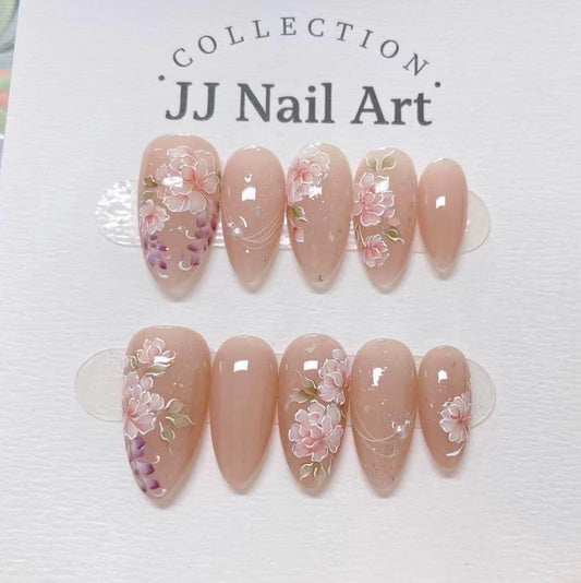 Handmade Blooming Flowers Press On Nails: Reusable Set