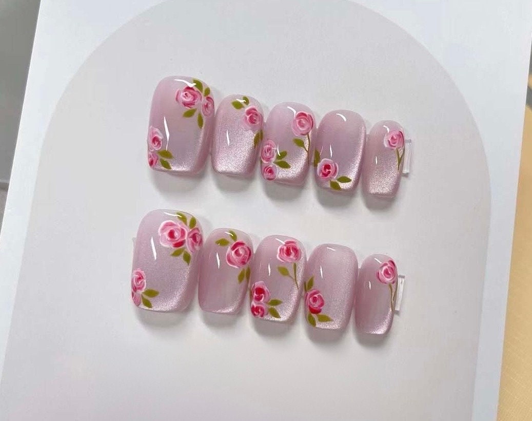Handmade Pink Rose Cat Eye Press On Nails: Reusable Coquette Faux Nails