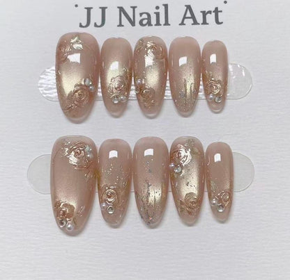 Gold Roses Cat Eye Press On Nails: Reusable Custom Nail Set
