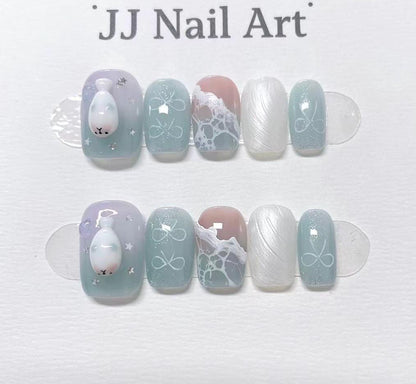 Beach Hand Painted Press On Nails: Custom Shape Reusable Nail Set