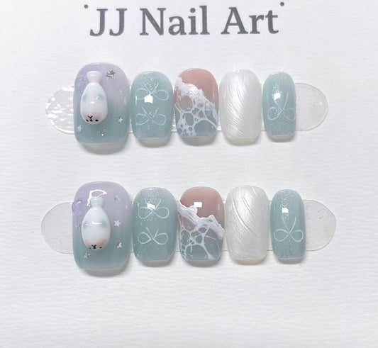 Beach Hand Painted Press On Nails: Custom Shape Reusable Nail Set