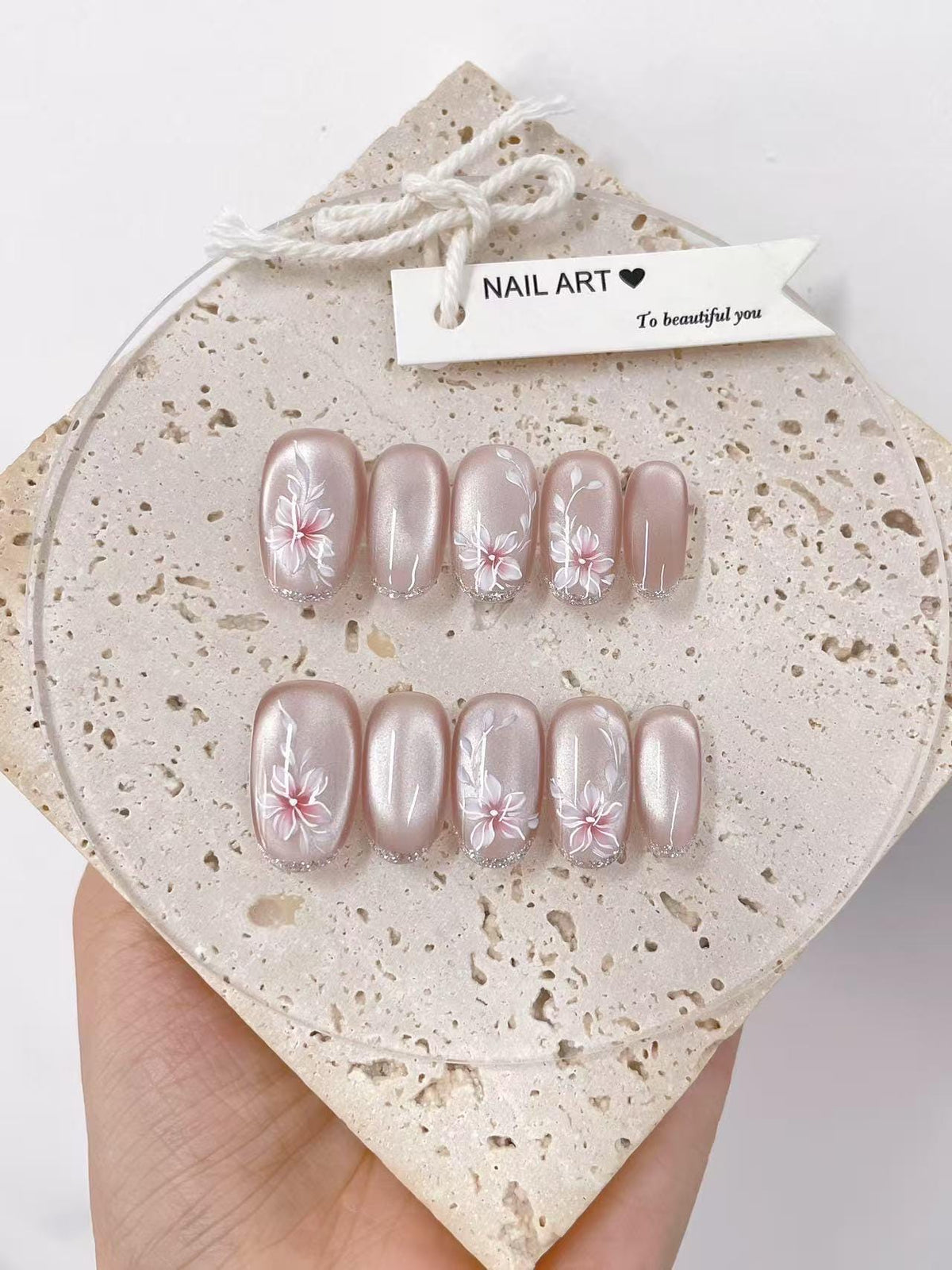 Glitter Petal Press On Nails: Hand Painted Reusable Faux Nails