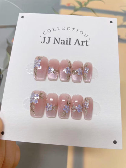 Cat Eye French Tips with Petals Hand Painted Press On Nails