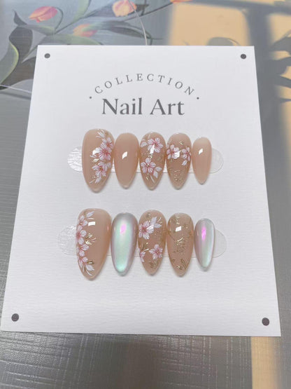 Hand Painted Nude Press On Nails, Cat Eye Flower Nail Art, Reusable