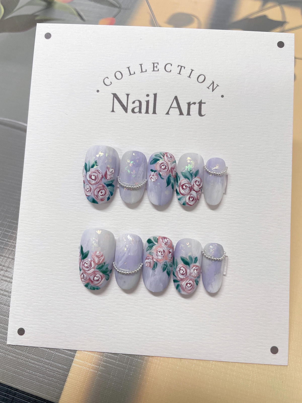 Hand Painted Rose Press On Nails: Purple Pink Floral False Nails