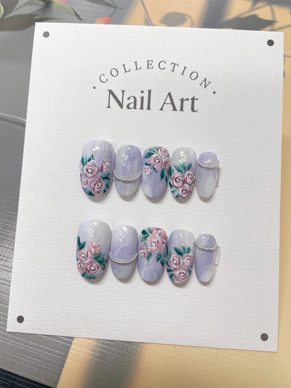 Hand Painted Rose Press On Nails: Purple Pink Floral False Nails