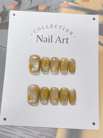 Hand Painted Fall Flower Press On Nails: Cat Eye Faux Nails