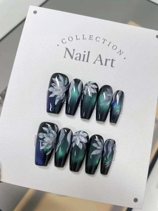 Hand Painted Floral Press On Nails: Cold Night Gel Faux Nails