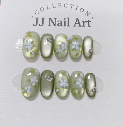 Light Green Cat Eye Press On Nails: Custom Shape Reusable Set
