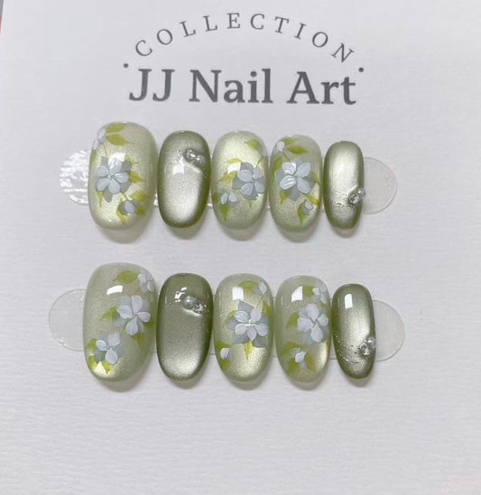 Light Green Cat Eye Press On Nails: Custom Shape Reusable Set