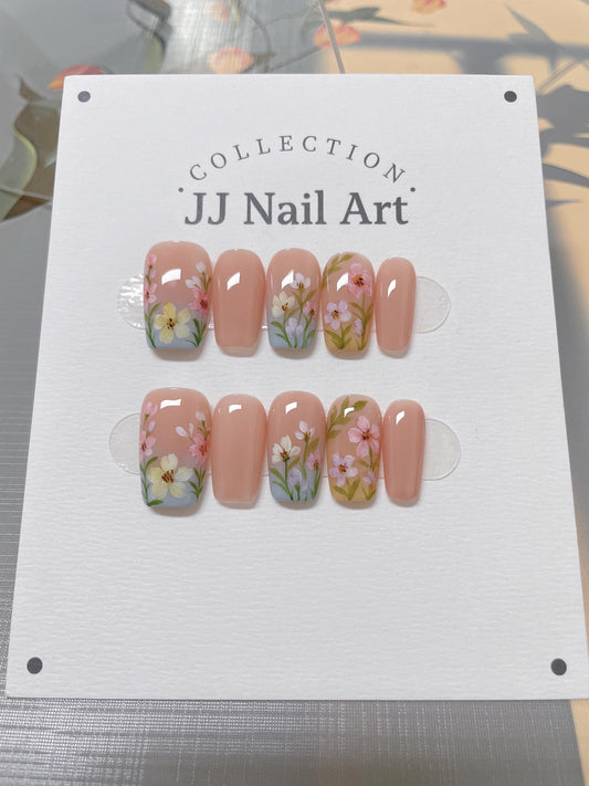 Blooming Flowers Press On Nails: Custom Shape Reusable Set