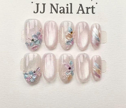3D Colorful Petals Cat Eye Press On Nails: Reusable Custom Shape Set
