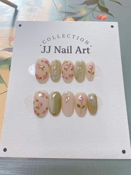 Handmade Pink Roses Green Smudge Press On Nails: Reusable Set