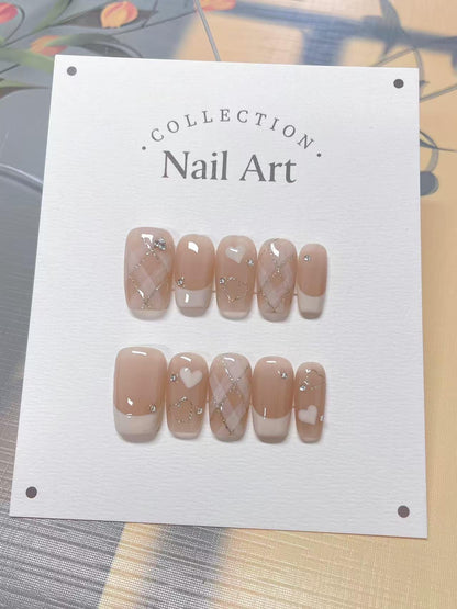 Hand Painted Press On Nails: Hearts, French Chessboard, Reusable