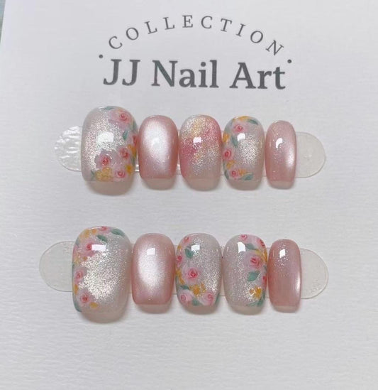 Handmade Garden Flowers Cat Eye Press On Nails: Reusable Set